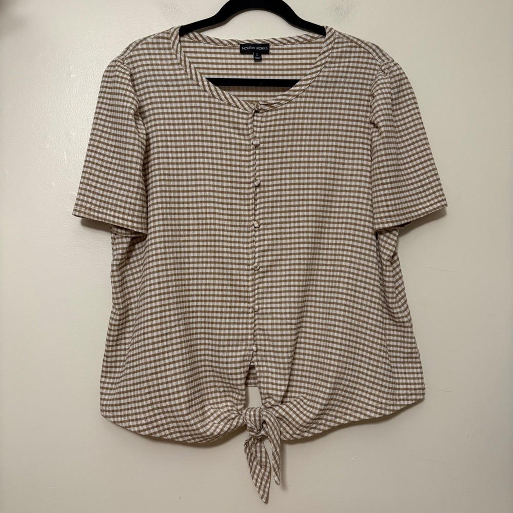 Modern Works Tan White‎ Gingham Check Tie Front Button Up Top Large